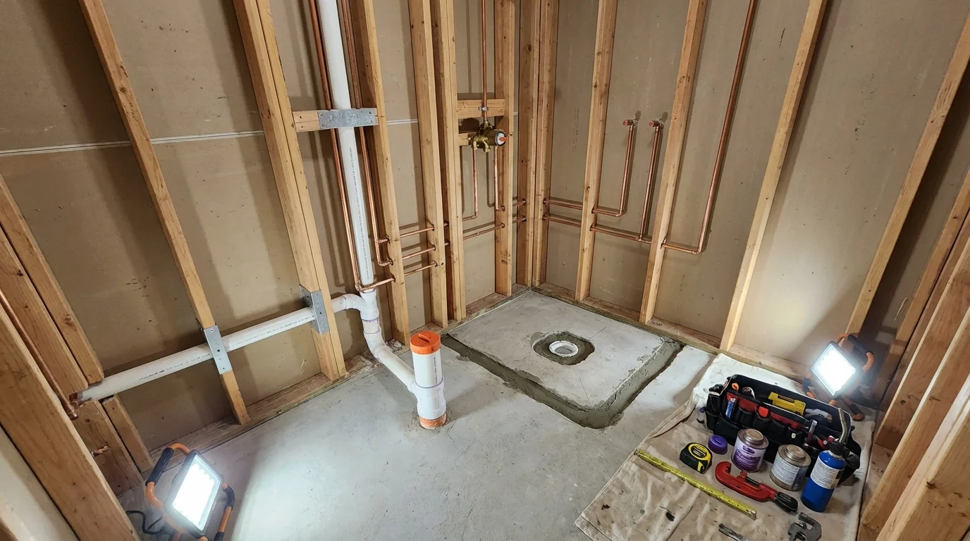 Bathroom rough-in plumbing during remodel by Johns Plumbing LLC in Yorktown Heights