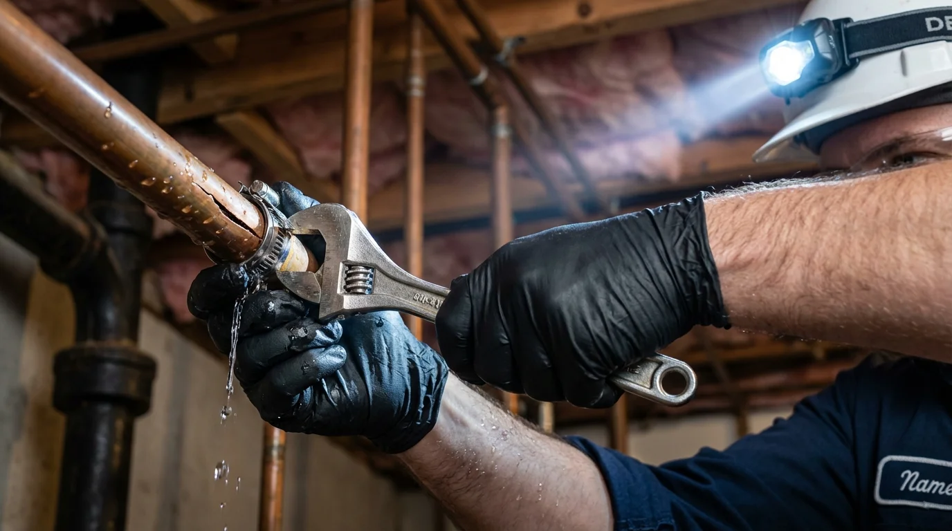 Emergency pipe clamp repair being performed by a Johns Plumbing LLC plumber in Yorktown Heights