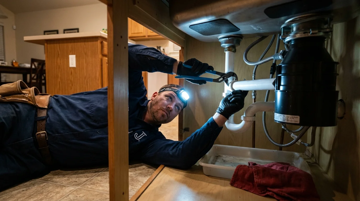 P-trap and supply line connections under a kitchen sink showing a common leak point in Yorktown Heights, NY